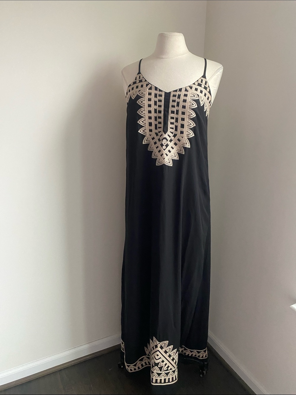 THML Black Maxi Slip Dress Cream Embroidered Trim Womens Sz Medium Boho